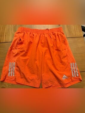 adidas Bright Orange Men's Athletic Shorts with Silver Stripe Accents